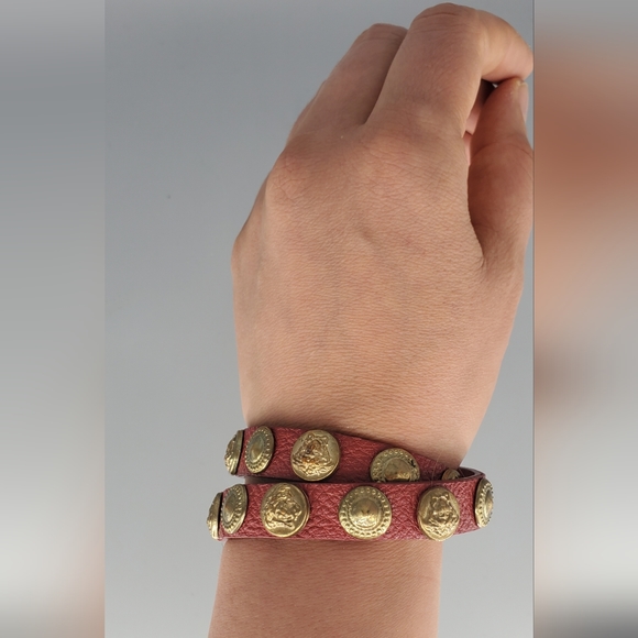 Gold Spiral Earrings and Red Faux Leather Studded Bracelet Set - Picture 6 of 12